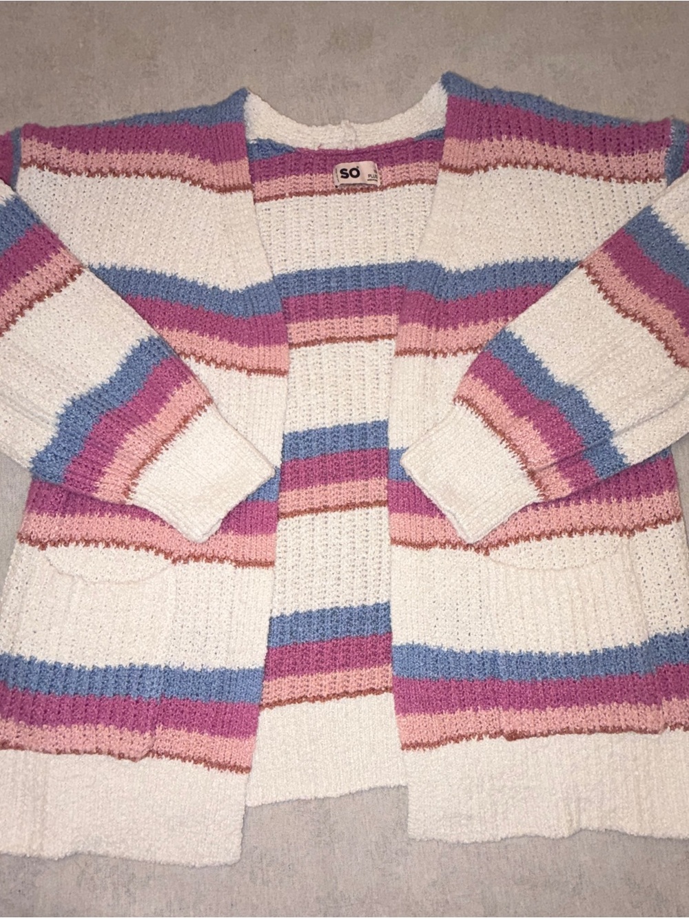 SO Cream Striped Open-Front Cardigan with Pink & Blue Bands